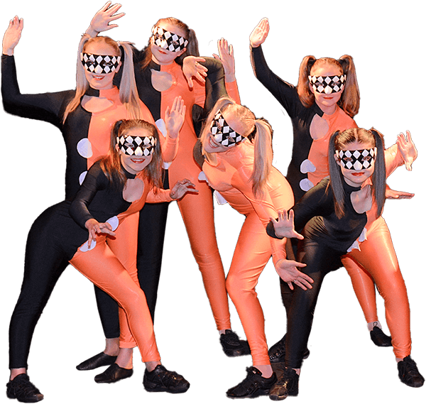 Dance crew in orange and black costumes
